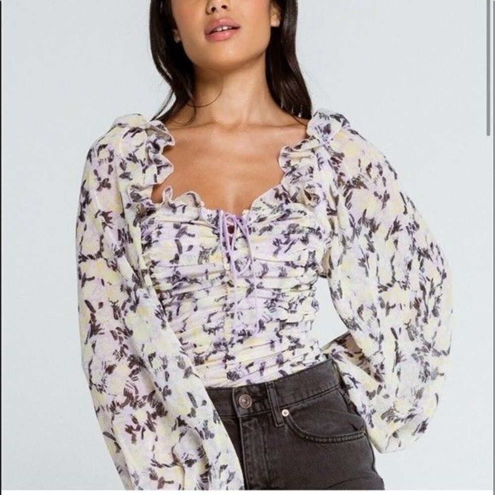 Free People Mabel Floral Tie Blouse Lilac Balloon Sleeve Sz S Boho Cottage